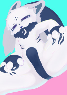anthro blue_body blue_fur bodily_fluids fur male neck_tuft solo tuft white_body white_fur falni mammal absurd_res hi_res