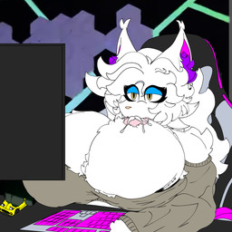 anthro big_breasts bodily_fluids breasts computer electronics female lactating nipples self_suckle sitting solo kiroriku mazda_rx-7 titty_sucking_method casey_(kiroriku) domestic_cat felid feline felis maine_coon mammal 1:1 absurd_res hi_res