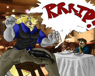 anthro balls big_penis black_penis blush bodily_fluids bottomwear brown_body brown_fur chair clothed clothed_male clothing container cup drinking_glass duo erection food fruit fur furniture genital_fluids genitals glass glass_container glass_cup green_eyes grey_body grey_fur hair huge_penis hugr_balls humanoid_genitalia humanoid_penis hyper hyper_genitalia hyper_penis inside legume legwear male male/male muscular muscular_male pants pea_(food) penis photo_background plant precum public public_nudity restaurant ripping ripping_pants table tablecloth torn_clothing torn_legwear vein veiny_penis wardrobe_malfunction wine_glass pandottermon canid canine canis mammal mustelid otter wolf 2011 5:4 colored photography_(artwork)