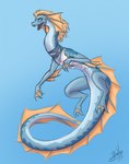 2017 after_transformation aquatic_dragon blonde_hair blue_eyes blush claws clothing dragon feet female feral feral_transformation fin hair hi_res marine membrane_(anatomy) mythological_creature mythological_scalie mythology open_mouth scalie simple_background solo surprise swimming tail thatweirdguyjosh toes torn_clothing transformation water webbed_feet webbed_hands