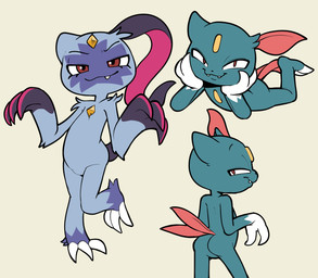ambiguous_gender anthro biped blue_body blue_fur butt claws cute_fangs duo eyebrows fangs forehead_gem front_view fur gem looking_at_viewer multicolored_body pupils rear_view red_body red_eyes standing teeth itsunknownanon nintendo pokemon generation_4_pokemon generation_8_pokemon pokemon_(species) sneasler weavile absurd_res hi_res