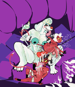 anal animal_genitalia animal_penis anthro areola ball_lick balls big_areola big_balls big_butt big_penis black_hair blue_nipples bodily_fluids breasts butt canine_genitalia canine_penis carrying_another choker claws condom cum cum_on_body cum_while_penetrated excessive_cum excessive_genital_fluids female filled_condom fur genital_fluids genitals group group_sex gynomorph gynomorph/female gynomorph/male gynomorph_penetrating gynomorph_penetrating_male hair heterochromia horn huge_balls intersex intersex/female intersex/male intersex_penetrating intersex_penetrating_male jewelry licking male male_penetrated necklace nipples nude oral penetration penis red_body red_nose sex sexual_barrier_device size_difference tail tail_pull threesome toe_claws tongue tongue_out trio white_body white_fur white_hair donaldducked hellaverse helluva_boss fan_character millie_(helluva_boss) moxxie_(helluva_boss) canid canine canis domestic_dog imp mammal poodle absurd_res hi_res