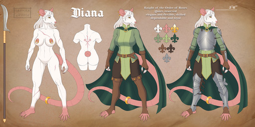 accessory anthro armor branded cape clothing cuirass ear_piercing ear_ring fantasy feet female furgonomics greaves hair knight medieval melee_weapon nipple_piercing nipple_ring nipples piercing plantigrade polearm poleyn ring_piercing scar solo tail tail_accessory tailband text toes warrior weapon white_body white_hair yellow_eyes harmaagriffin mammal murid murine rat rodent english_text hi_res model_sheet