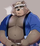 anthro barely_visible_genitalia barely_visible_penis belly big_belly brown_body genitals happi_(clothing) humanoid_hands kemono male moobs overweight overweight_male penis smoking solo diru11 bear mammal 2022