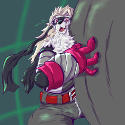 4_fingers ambiguous_gender anthro belt bottomwear chest_tuft clothed clothing cybernetic_arm cybernetic_limb cybernetics detailed_background fingers fur grey_body grey_fur machine mask mechanical_arm pants red_eyes solo squeezing topless topless_anthro tuft zipper nnn8686 bandai_namco digimon digimon_beatbreak cyborg digimon_(species) wolvermon 1:1 absurd_res hi_res