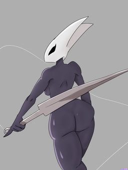 2_horns anthro big_butt biped black_body black_eyes breasts butt female grey_background horn melee_weapon nail_(weapon) nude simple_background small_breasts solo sword weapon kamino1 hollow_knight_(franchise) team_cherry hornet_(hollow_knight) arthropod insect 3:4 absurd_res hi_res