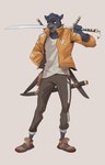 anthro clothed clothing ear_piercing footwear jacket katana looking_at_viewer male melee_weapon piercing shoes simple_background sneakers solo sword topwear weapon yellow_clothing yellow_jacket_(clothing) yellow_topwear arcticlion felid mammal pantherine hi_res