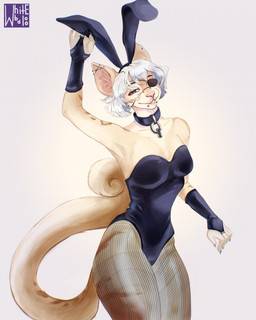 1_eye anthro bdsm blue_nails bodysuit breasts choker clothing colored_nails eyebrow_piercing eyebrows facial_piercing fake_ears fake_rabbit_ears female fishnet_stockings front_view gloves hair handwear jewelry lip_piercing long_tail looking_at_viewer nails necklace one_eye_closed piercing piercing_eyes pink_nose playboy_bunny pose short_hair simple_background skinsuit smile solo tail tan_body tight_clothing white_background white_hair wide_hips whitebaloo domestic_cat felid feline felis mammal hi_res