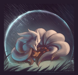 ambiguous_gender border duo evolutionary_family eyes_closed feral licking multi_tail night outside protective purple_border raining red_eyes shield sleeping tail tongue tongue_out delano-laramie nintendo pokemon canid canine generation_1_pokemon mammal ninetales pokemon_(species) vulpix 2009 hi_res