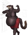 anthro arm_support belly belly_overhang big_belly bottomwear brown_body brown_fur clothed clothing fur leaning leaning_on_elbow male moobs open_mouth outside overweight overweight_anthro overweight_male pants sagging_stomach shorts simple_background sketch_background solo standing text topless white_background cettus mammal mink mustelid musteline true_musteline english_text hi_res sketch