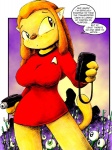 anthro breasts clothing dialogue female green_eyes hair phaser red_hair solo tail text tricorder uniform yellow_eyes drake_fenwick star_trek star_trek_the_animated_series m'ress alien caitian felid mammal comic english_text