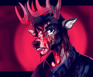 anthro antlers black_hair blood blood_on_face blood_on_neck bodily_fluids clothed clothing front_view glistening glistening_eyes gore hair horn inner_ear_fluff looking_aside male male_anthro red_antlers simple_background slim_anthro slim_male solo teeth tuft white_inner_ear_fluff swampjaws deer mammal 6:5 absurd_res bust_portrait hi_res portrait