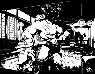 anthro bath bathhouse bubble bucket container duo female hair half-closed_eyes half_submerged lights long_hair male melee_weapon narrowed_eyes nipples railing stairs steps sword tattoo water weapon rick_griffin in_the_new_age ideka canid canine canis equid equine felid feline horse lagomorph leporid mammal rabbit wolf 2023 black_and_white hi_res monochrome signature
