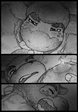 anthro barazoku blush bodily_fluids duo eyes_closed genitals hairy humanoid_hands male male/male muscular nipples oral penis solo_focus sweat hastured_cake animal_crossing nintendo vic_(animal_crossing) bison bovid bovine mammal 2015 comic hi_res monochrome