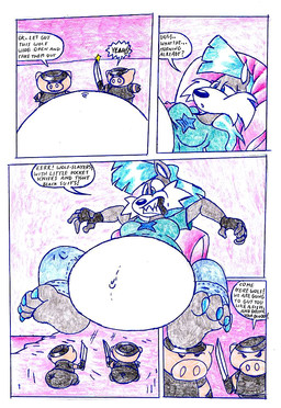 anthro belly big_belly blue_clothing blue_hair blue_shirt blue_topwear clothing dialogue female group hair inside overweight shirt sitting speech_bubble text topwear trio virus-20 wendy_wolf_(virus-20) canid canine canis domestic_pig mammal suid suine sus_(pig) wolf 2007 comic traditional_media_(artwork)