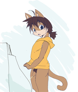 anthro biped bodily_fluids bottomless clothed clothing foreskin genital_fluids genitals looking_at_viewer male male_peeing peeing penis simple_background solo standing urinal urine takowasabitsurube domestic_cat felid feline felis mammal