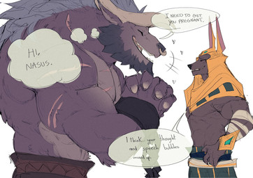 anthro dialogue duo facial_piercing happy heart_symbol impregnation_request male male/male muscular muscular_anthro muscular_male nose_piercing pecs piercing size_difference smile speech_bubble text thought_bubble na1su european_mythology greek_mythology league_of_legends mythology riot_games tencent alistar_(lol) nasus_(lol) anubian_jackal bovid bovine canid canine canis jackal mammal minotaur english_text hi_res