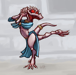 albino anthro bottomwear bracelet claws clothed clothing dancer_outfit dancing female gold_(metal) gold_jewelry head_spikes jewelry open_mouth pink_body red_eyes scales silk simple_background solo spikes spikes_(anatomy) tail teeth topwear commissar-k shannon_(bahumot) kobold lizard reptile scalie digital_media_(artwork)