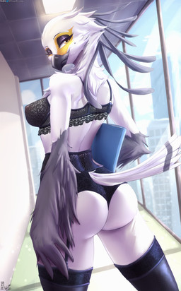 anthro beak black_clothing black_legwear black_stockings breasts butt clothing exposure_variation feathers female inside lace legwear lingerie looking_at_viewer looking_back markings mole_(marking) nipple_outline nipples non-mammal_breasts office one_eye_closed solo standing stockings translucent translucent_clothing translucent_topwear white_body white_feathers wink winking_at_viewer yellow_eyes viejillox aggretsuko sanrio secretary_washimi accipitriform avian bird secretary_bird 2021 absurd_res dated digital_media_(artwork) hi_res shaded signature