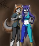 anthro city_of_ember clothed clothing duo female fur green_eyes grey_body grey_fur hair midriff navel simple_background tuft dekaisen bloodline bloodline_(webcomic) ember_(bloodline) sil_(bloodline) canid canine canis fox grey_fox mammal urocyon wolf hi_res