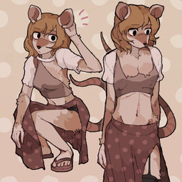 anthro bangs biped black_eyes bottomwear breasts brown_body brown_fur brown_hair clothed clothed_anthro clothed_female clothing crop_top crouching female female_anthro flip_flops footwear fully_clothed fur hair hairless_tail midriff navel pose sandals shirt shoes short_hair skirt small_breasts solo three-quarter_view topwear underwear hhonchkrow234 mammal mouse murid murine rodent absurd_res brown_theme digital_drawing_(artwork) digital_media_(artwork) full-length_portrait hi_res multiple_images portrait shaded simple_shading three-quarter_portrait warm_colors