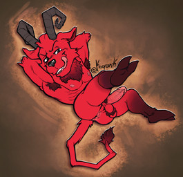 anthro anus areola armpit_hair armpit_tuft ball_tuft balls black_nose body_hair brown_background butt cheek_tuft chest_tuft dipstick_tail erection facial_tuft fur genitals hands_behind_head hooves horn humanoid_genitalia humanoid_penis leg_markings licking licking_lips looking_at_viewer lying male mane markings muscular muscular_male nipples on_back pecs penis perineum pink_areola pink_nipples pink_penis pose presenting presenting_anus presenting_hindquarters pubes pupils raised_arms raised_leg red_body red_fur serratus simple_background smile smug socks_(marking) solo tail tail_markings tail_tuft tongue tongue_out tuft kooparik don't_starve klei_entertainment wortox bovid imp mammal 2025 hi_res signature