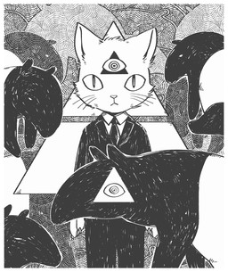 abstract_art anthro anthro_focus black_body black_fur border feral fur group looking_at_viewer male solo_focus white_body white_border white_fur oouyuki_benten domestic_cat felid feline felis mammal species_request 2016