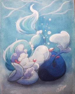 accessory blue_body blue_hair bubble eyes_closed female feral gem hair hair_accessory long_hair lying pearl_(gem) pink_nose sleeping solo split_form underwater water white_body marip0sart mermay nintendo pokemon aquatic generation_7_pokemon merfolk pokemon_(species) primarina 2020 hi_res signature