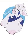 anthro big_breasts blue_body blue_eyes blue_fur breasts female fur hooves mascot nipples pink_nose smug solo white_body unonyx lactaid lactaid_cow bovid bovine cattle mammal 3:4 absurd_res bust_portrait hi_res portrait