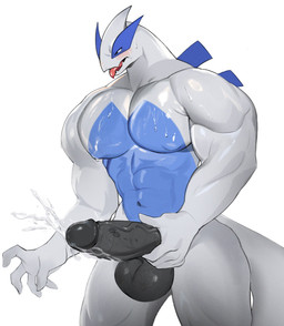 abs anthro aroused balls biceps big_balls big_muscles big_pecs big_penis blue_body blush bodily_fluids cum cumshot ejaculation genital_fluids genitals hand_on_penis humanoid_genitalia humanoid_penis male masturbation multicolored_body muscular muscular_anthro muscular_arms muscular_male navel nude orgasm pecs penis simple_background solo stroking_penis sweat tail tongue tongue_out two_tone_body white_background white_body goodboymono nintendo pokemon generation_2_pokemon legendary_pokemon lugia pokemon_(species) digital_drawing_(artwork) digital_media_(artwork) hi_res