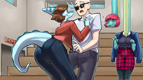 anthro bald belt big_breasts big_butt blue_body blue_clothing blue_eyes blue_jacket blue_scales blue_topwear blush bone_frill bottom_heavy bottomwear breasts brown_hair butt clothing denim denim_bottomwear denim_clothing detailed_background eyelashes eyewear female femboy frill_(anatomy) green_body green_scales group gymnasium hair human_on_anthro inside interspecies jacket jeans leggings legwear light-skinned_male light_body light_skin long_neck long_tail male male/male multicolored_body multicolored_scales orange_clothing orange_jacket orange_topwear pants pink_hair purple_eyes scales shirt short_hair snout spiked_tail spikes spikes_(anatomy) sunglasses t-shirt tail thick_thighs topwear trio turquoise_body turquoise_scales two_tone_body two_tone_scales white_clothing white_shirt white_t-shirt white_topwear wide_hipped_anthro wide_hipped_male wide_hips chervyarts cavemanon_studios i_wani_hug_that_gator benjamin_mcknight inco_(iwhtg) liz_farlane brachiosaurid brachiosaurus dinosaur hadrosaurid human macronarian mammal ornithischian ornithopod parasaurolophus prehistoric_species reptile saurischian sauropod sauropodomorph scalie 16:9 2025 digital_drawing_(artwork) digital_media_(artwork) hi_res widescreen