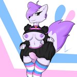 alternate_transgender_pride_colors anthro areola autolactation balls_outline bodily_fluids breasts bulge clothing cum detailed_bulge fluffy fluffy_tail genital_fluids genital_outline gynomorph heart_symbol intersex lactating legwear lgbt_pride maid_uniform medium_breasts multicolored_clothing multicolored_legwear multicolored_stockings multicolored_thigh_highs nipples pattern_clothing penis_outline pride_color_clothing pride_color_legwear pride_color_stockings pride_color_thigh_highs pride_colors pride_heart purple_areola purple_nipples solo stockings striped_clothing stripes tail thigh_highs transgender_pride_colors uniform felestell canid canine fox mammal 1:1 absurd_res hi_res signature trans_(lore)