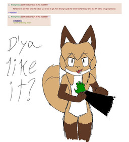 anthro brown_body brown_fur dipstick_tail disembodied_hand duo female female_anthro fur gloves_(marking) hair leg_markings male male/female markings socks_(marking) tail tail_markings text touching_breast white_body white_fur aigsaft conditional_dnp 4chan anon averi_(fiddleafox) canid canine fox mammal red_fox true_fox english_text
