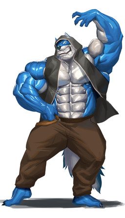 abs anthro barazoku beard biceps black_nose blue_body blue_eyes blue_fur bottomwear brown_bottomwear brown_clothing brown_pants cheek_tattoo claws clothing deltoids facial_hair facial_tattoo finger_claws forearm_muscles fur grey_clothing grey_jacket grey_topwear hair hood_up jacket looking_at_viewer male multicolored_body multicolored_fur muscular muscular_anthro muscular_male muscular_thighs obliques pants posing_for_picture roman_numeral sleeveless_jacket smile solo tattoo teeth toe_claws topwear two_tone_body two_tone_fur white_body white_fur white_hair echin night_rain_(tigerwolf_xiii) canid canine canis mammal wolf 2025 absurd_res hi_res