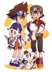 brown_hair cape claws clothing eyewear feral fur goggles green_eyes group hair hat headgear headwear male red_hair white_body white_fur pu_lyong bandai_namco digimon naruto taichi_kamiya takuya_kanbara digimon_(species) gomamon human mammal hi_res