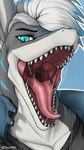 anthro blue_background blue_body blue_eyes bodily_fluids clothing detailed_mouth glistening glistening_tongue grey_body jacket looking_at_viewer male mouth_shot open_mouth saliva saliva_on_tongue saliva_string sharp_teeth shirt simple_background solo teeth tongue topwear white_body allsonwa fish marine shark hi_res