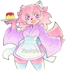 anthro apron cake clothing dessert female food fur holding_object holding_plate pink_body pink_fur plate purple_eyes smile solo zipskyblue hanako_(zipskyblue) felid feline mammal