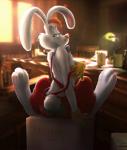 anthro bedroom_eyes blue_eyes bow_(feature) bow_tie clothed clothing fur looking_at_viewer looking_back male narrowed_eyes paws seductive smile solo suspenders undressing white_body white_fur zenthetiger disney who_framed_roger_rabbit roger_rabbit lagomorph leporid mammal rabbit 2019