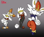 anthro butt female fur group long_ears looking_back scut_tail short_tail tail toony trio white_body white_fur demon3sigma nintendo pokemon cinderace generation_8_pokemon lagomorph mammal pokemon_(species) raboot scorbunny absurd_res hi_res