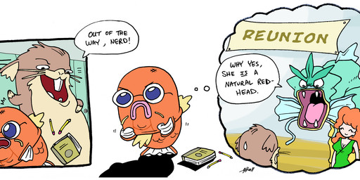 :< :c >:c age_difference angry bodily_fluids book bully daydream dialogue eyewear female fin frown glasses hair humor locker long_hair male nerd open_mouth pencil_(object) red_hair school simple_background size_difference smile speech_bubble sweat sweatdrop teeth text tongue upset whiskers white_background writing_utensil jhallpokemon nintendo pokemon aquatic fish generation_1_pokemon gyarados human magikarp mammal pokemon_(species) raticate rodent comic english_text hi_res