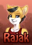 anthro black_hair black_nose blue_eyes clothing countershading fur hair inner_ear_fluff looking_at_viewer male multicolored_hair orange_body orange_fur orange_hair outline shirt short_hair simple_background smile solo tank_top topwear tuft two_tone_hair rukifox rajak_(rajak) skynex_(rajak) domestic_cat felid feline felis mammal bust_portrait character_badge_(artwork) character_name portrait