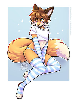 anthro clothing crop_top ears_up femboy fur legwear male multicolored_body multicolored_fur orange_body orange_fur pattern_clothing pattern_legwear shirt solo striped_clothing striped_legwear stripes thigh_highs topwear white_body white_fur fleurfurr canid canine fox humanoid mammal hi_res