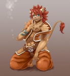 4_fingers abs anthro barefoot belt biped blue_eyes bottomwear bracelet clothed clothing feet fingers front_view fur hair inner_ear_fluff jewelry kneeling long_hair looking_at_viewer male nipples off_shoulder pants pink_nose pupils raised_tail red_hair slit_pupils solo tail tail_tuft tan_body tan_fur topwear tuft vest biri riot41 cyberconnect2 little_tail_bronx solatorobo calua_napage felid feline felineko leopardus mammal ocelot unavailable_at_source