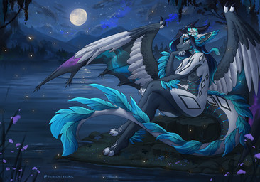 accessory anthro areola big_breasts black_hair black_sclera blue_eyes blue_highlights breasts crossed_legs ear_piercing eyebrows eyelashes feathered_wings feathers feet female flower flower_in_hair full_moon grey_body hair hair_accessory highlights_(coloring) horn inner_ear_fluff moon navel night nipples non-mammal_breasts non-mammal_hair non-mammal_navel non-mammal_nipples nude piercing plant sitting solo tuft water wings yasmil mythology astral_melodia dragon mythological_creature mythological_scalie scalie 2026