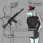 anthro clothed clothing dialogue duo female gun male ranged_weapon rifle simple_background text weapon wings unknown_artist cavemanon_studios goodbye_volcano_high kalashnikov snoot_game anon_(snoot_game) fang_(gvh) human mammal prehistoric_species pterodactylus pterosaur reptile scalie cyrillic_text russian_text spot_color