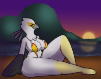 anthro beach beak big_breasts big_butt bikini breasts butt cleavage_cutout clothing curvy_figure cutout detailed_background eyelashes eyes_closed feathers feet female fingers huge_butt one-piece_swimsuit outside sea seaside sitting sling_bikini solo sunset swimwear thick_thighs toes two-piece_swimsuit voluptuous water white_body white_feathers wide_hips someth1ngoranother aggretsuko sanrio secretary_washimi accipitriform avian bird secretary_bird 2022 digital_media_(artwork) hi_res