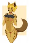 anthro blonde_hair breasts brown_eyes camel_toe clothing collar exposed_breasts fangs female flashing fur hair markings presenting solo spots spotted_body spotted_fur teeth thong underwear un-dia-normal kiki_(woodsie13) hyena mammal spotted_hyena absurd_res hi_res