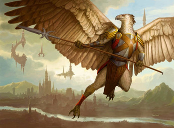 anthro armor breastplate cloud day detailed_background feathered_wings feathers feet floating_building flying holding_melee_weapon holding_object holding_polearm holding_spear holding_weapon male melee_weapon mountain outside polearm river solo spear spread_wings talons toes weapon wings dan_scott hasbro magic:_the_gathering wizards_of_the_coast aven avian official_art