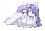 anthro big_breasts breasts chest_tuft clothed clothing female fur horn nude pose simple_background solo tuft white_background white_body white_fur yojigen legend_of_mana mana_(series) square_enix sierra_(mana) canid canine mammal