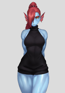blue_body breasts clothing collarbone eyebrows eyelashes female frill_(anatomy) glistening glistening_thighs hair hair_over_eye ponytail red_hair solo thick_thighs wide_hips yellow_sclera meruzis undertale_(series) undyne animal_humanoid fish fish_humanoid humanoid marine marine_humanoid 2025 absurd_res hi_res